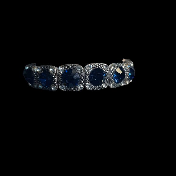 Deep Blue Rhinestone Stretch Bracelet Silver-Tone Vintage Style Statement - Picture 2 of 7